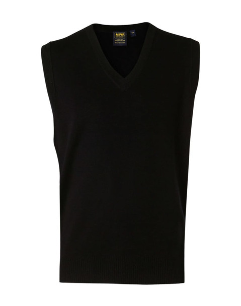 A black V-neck wool and acrylic knit vest with a sleeveless design and a logo label.