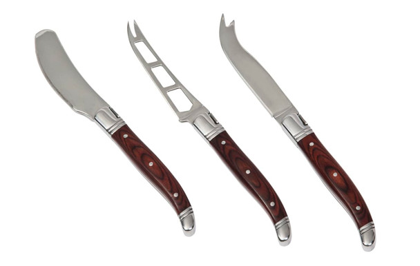 A set of three cheese knives with stainless steel blades and polished wooden handles.