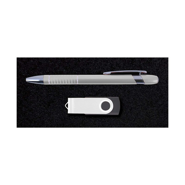 A silver pen and a white USB drive displayed on a black background, part of the Alliance Gift Set.