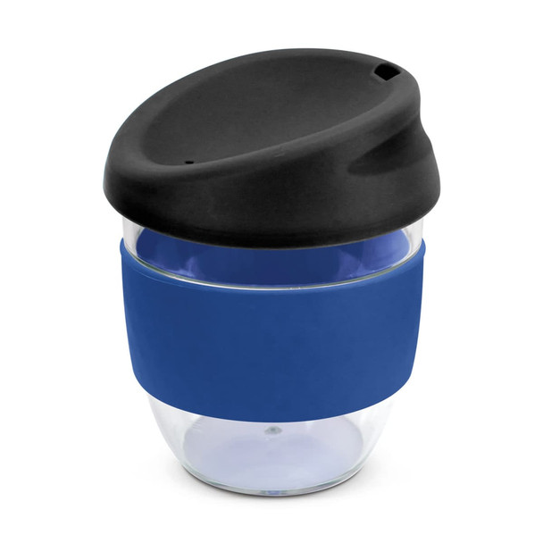 A drink bottle with a transparent body, blue silicone sleeve, and a black lid. It features a logo.