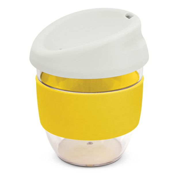 A drink bottle with a clear body, yellow silicone sleeve, and a white lid, featuring a logo.