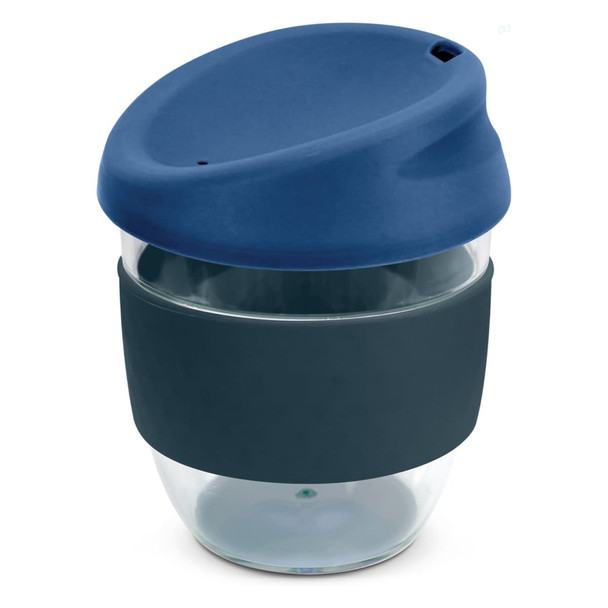 A drink bottle in navy blue and transparent, featuring a silicone sleeve and a lid, with a branding logo.
