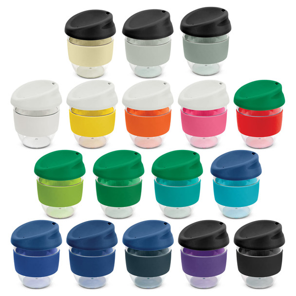 A drink bottle collection featuring various colours of the Nova Cup - Tritan 230ml with a black lid and branding.