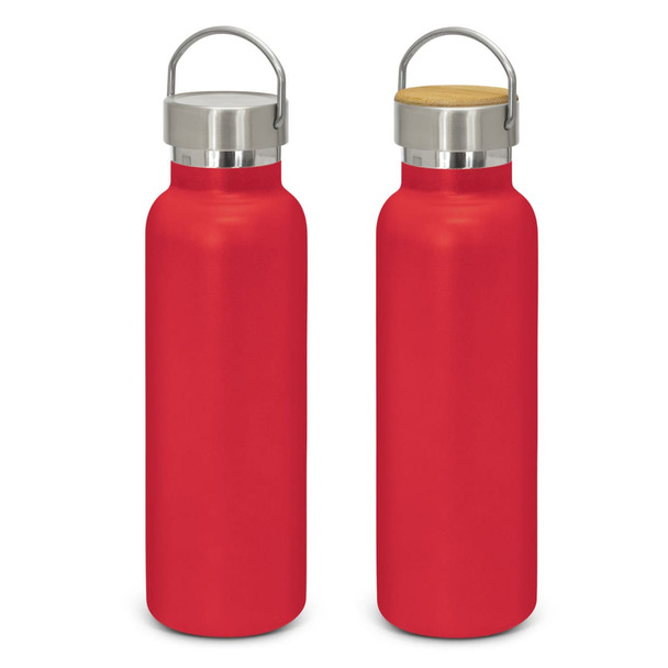 A drink bottle in a vibrant red colour with a stainless steel lid and a wooden cork top. Features a logo.