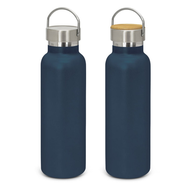 A drink bottle in navy blue with a stainless steel lid and a wooden accent, featuring a handle.