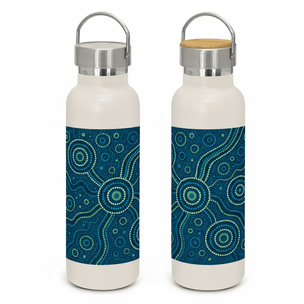 A drink bottle with aboriginal design.