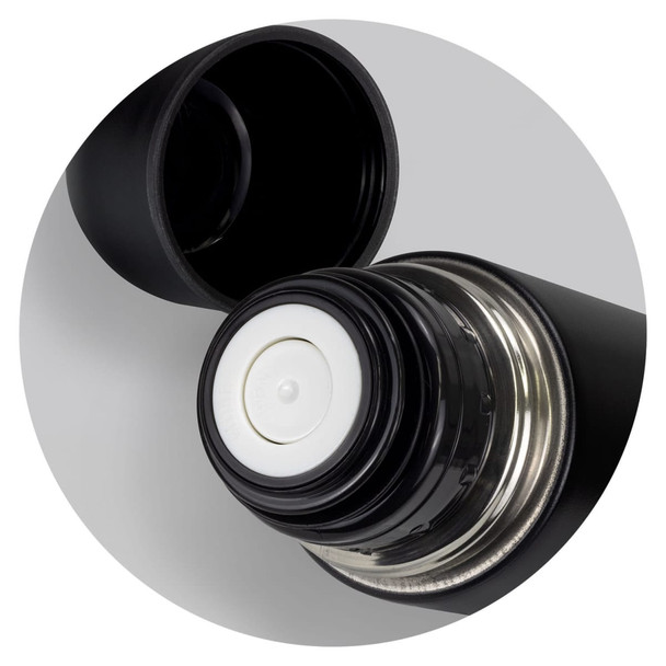 A drink bottle featuring a black exterior with a silver interior and a screw-on lid. The bottle has a logo.