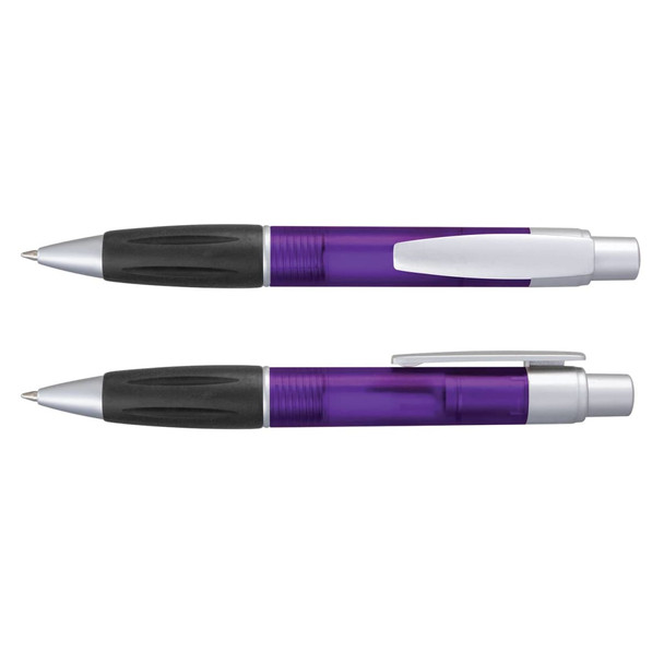 A plastic pen in purple with a silver clip and accents, featuring a comfortable grip and click mechanism.