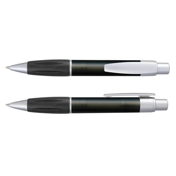 A Matrix Pen in black and silver, featuring a plastic body and a comfortable grip, displayed from different angles.