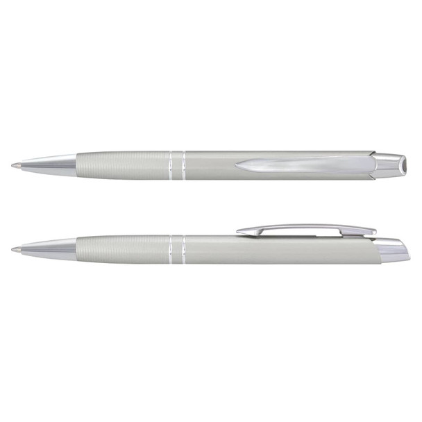 A silver metal pen with a textured grip and chrome accents, featuring a logo.
