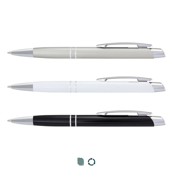 A set of three metal pens in grey, white, and black, each featuring a silver clip and accents.
