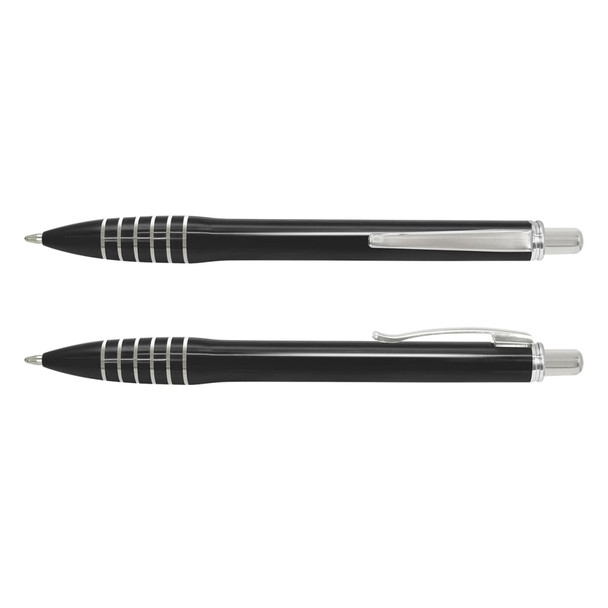 A black plastic pen with silver accents and a clip, featuring striped detailing on the barrel.