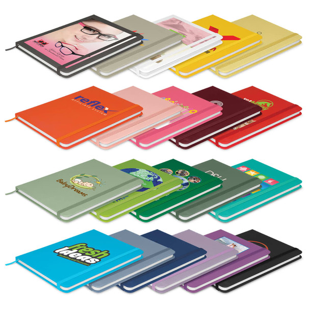 A variety of notebooks in different colours and designs, featuring logos and branding. A variety of notebooks in different colours and designs, featuring logos and branding.
