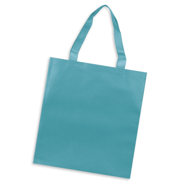 A teal tote bag with two handles and a simple, unembellished design. It features a logo on one side.