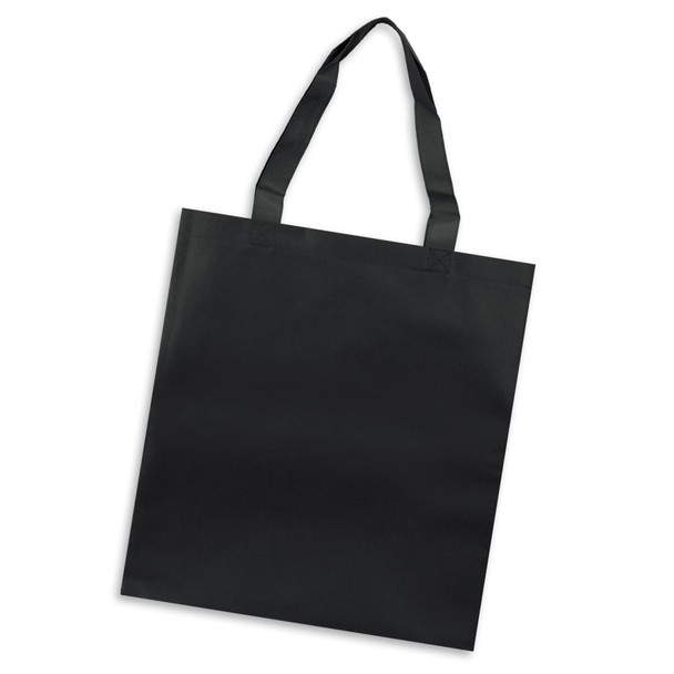 A black tote bag with two sturdy handles and a minimalist design. Features a logo on the front.