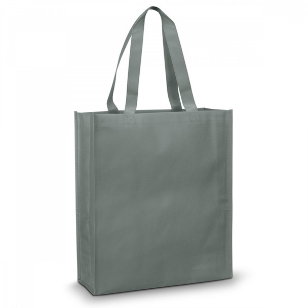 A grey tote bag with long handles and a simple design, featuring a logo on one side.