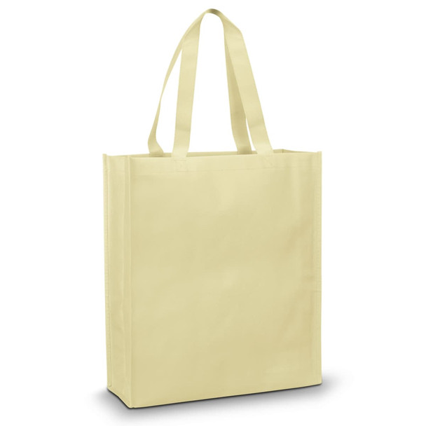 A yellow tote bag with long handles and a simple design. Branding present but not visible.