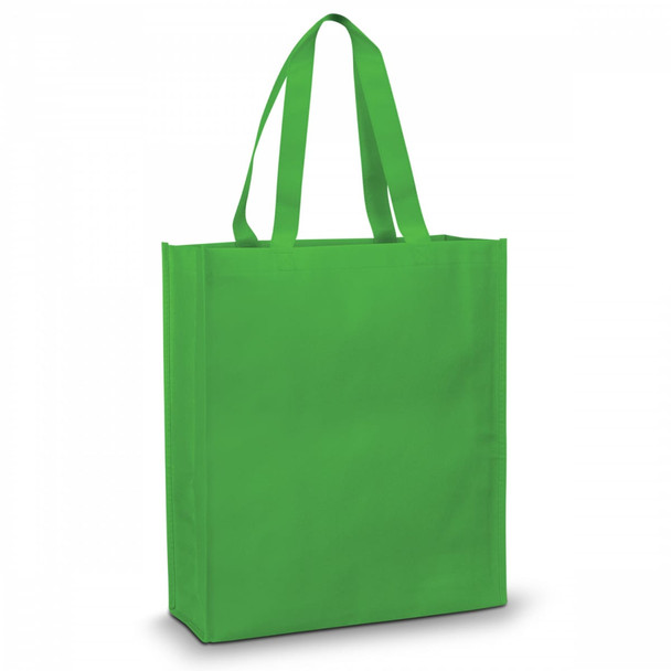 A bright green tote bag with long handles and a simple design. It features a logo on one side.