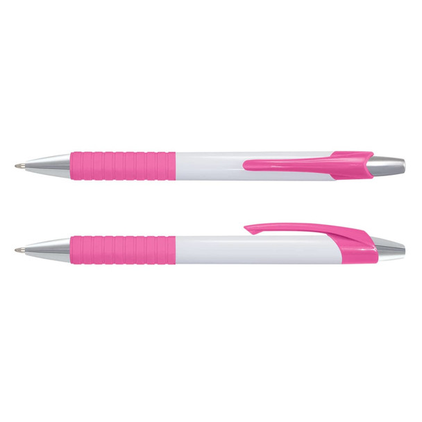 A pink and white pen with a rubber grip and chrome accents. Features a design suitable for writing.