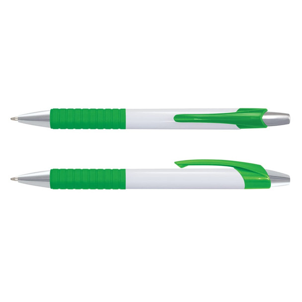 A white pen with green grip and accents, featuring a silver clip and tip. The pen has a logo on its barrel.