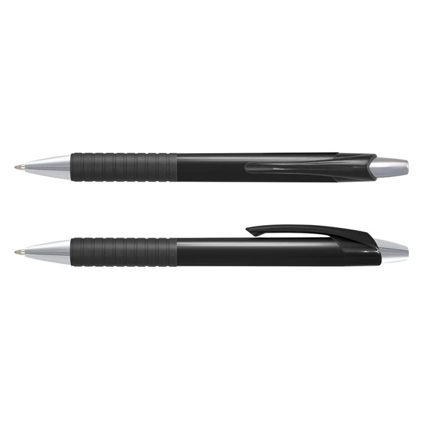 A black plastic pen with a coloured barrel and a shiny silver clip, featuring a textured grip.