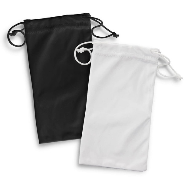 Two drawstring pouches, one black and one white, designed for storing sunglasses or accessories. Two drawstring pouches, one black and one white, designed for storing sunglasses or accessories.