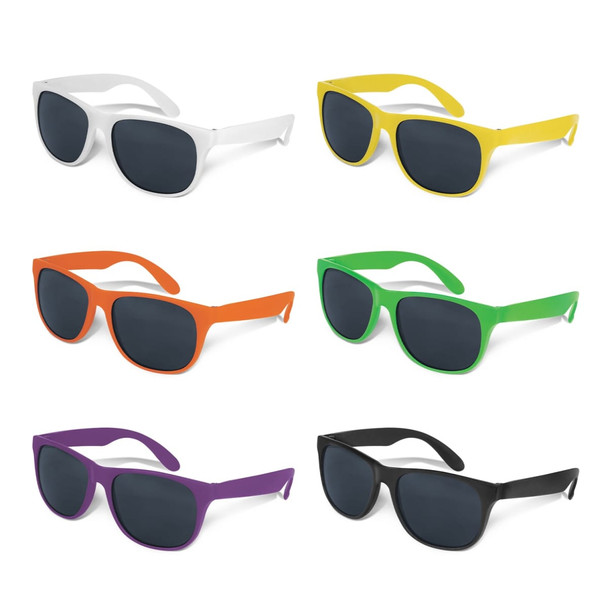 A collection of six pairs of Malibu Basic Sunglasses in white, yellow, orange, green, purple, and black.