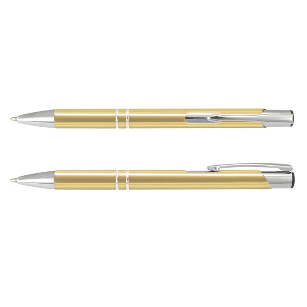 A metal pen in a shiny gold colour with silver accents and a clip, featuring a sleek design.