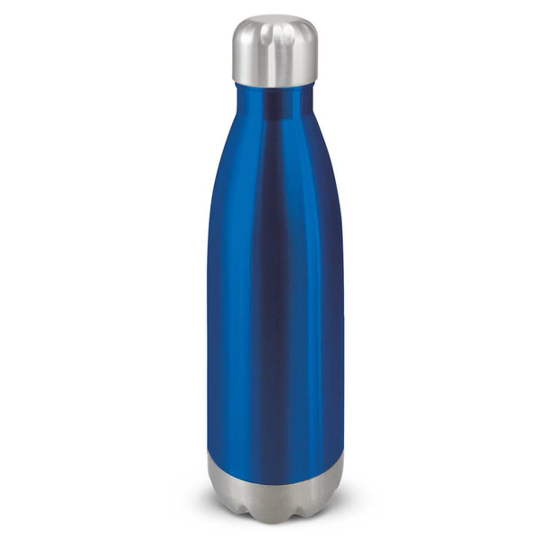 A drink bottle made of stainless steel with a sleek blue finish and a silver top.