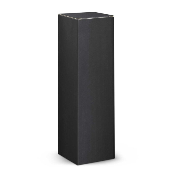 A sleek black box with a smooth finish, designed to hold a product, possibly a vacuum bottle.