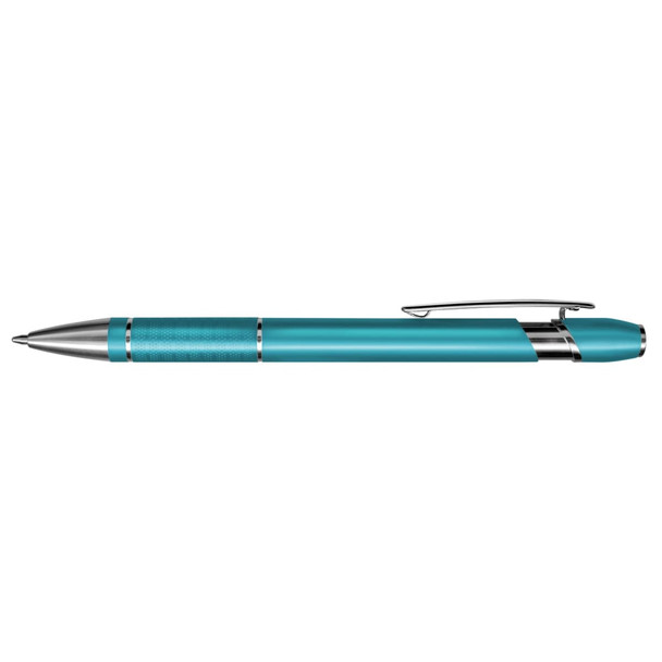 A metal pen featuring a sleek turquoise design with silver accents and a textured grip.