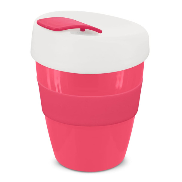 A drink bottle in pink and white, featuring a lid and a branding logo, designed for reusable coffee.