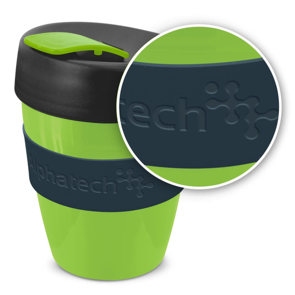 A drink bottle featuring a vibrant green body with a black lid and dark blue silicone grip, includes a logo.