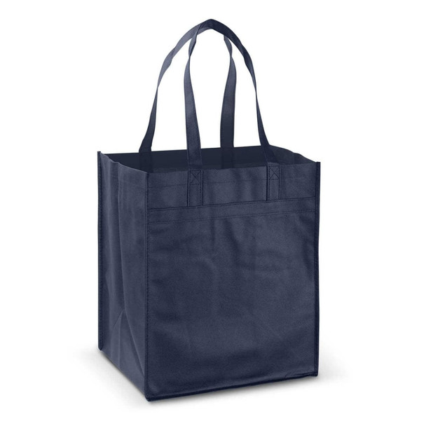 A dark navy tote bag with two sturdy handles, featuring a plain design and a branding logo.