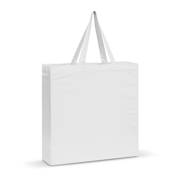 A white cotton tote bag with long handles and a simple design. It features a logo on one side. A white cotton tote bag with long handles and a simple design. It features a logo on one side.