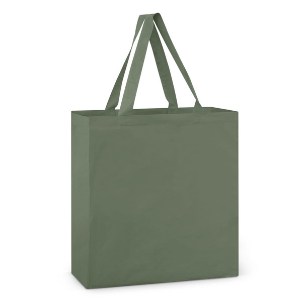 A green cotton tote bag with two sturdy handles and a simple design. It features a logo on one side. A green cotton tote bag with two sturdy handles and a simple design. It features a logo on one side.