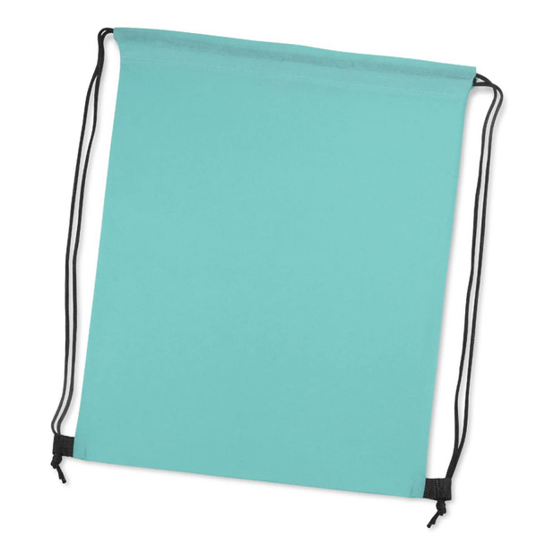 A turquoise drawstring backpack with black cords and a simple design. It features a logo.