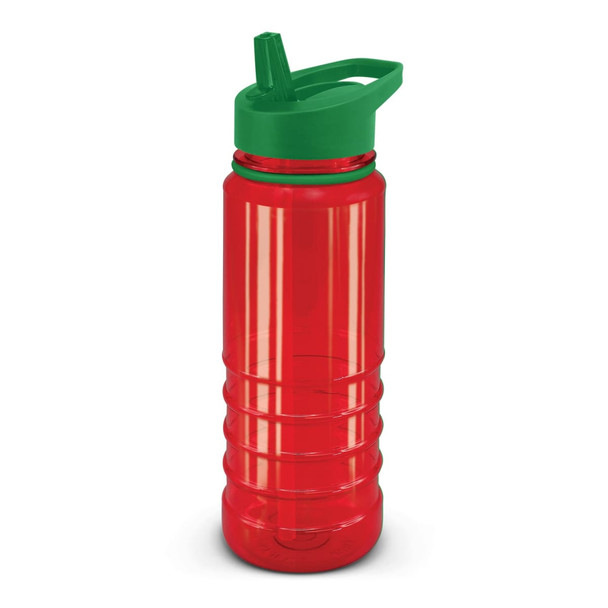 A drink bottle in red with a green cap and spout, featuring a textured grip design and a logo.