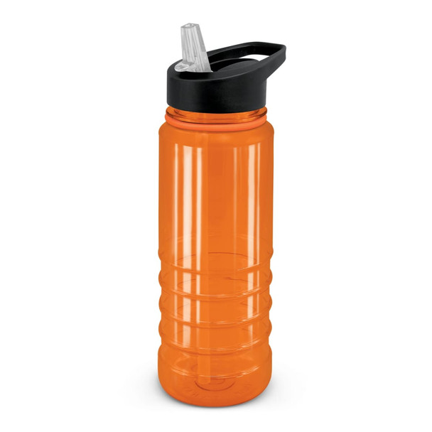 A drink bottle in bright orange with a black lid and straw, featuring a textured grip design and a logo.