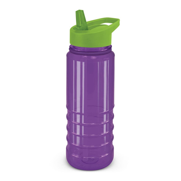A drink bottle in purple with a green spout and a sturdy design. It features a logo on the side.