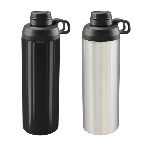 A drink bottle in black and silver metal finishes, featuring a screw-on lid and a handle for easy carrying.