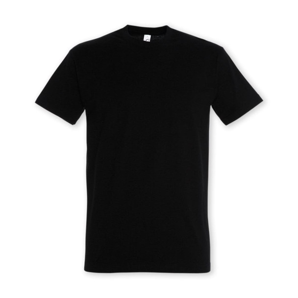 A plain black adult t-shirt with short sleeves. The shirt features a logo.