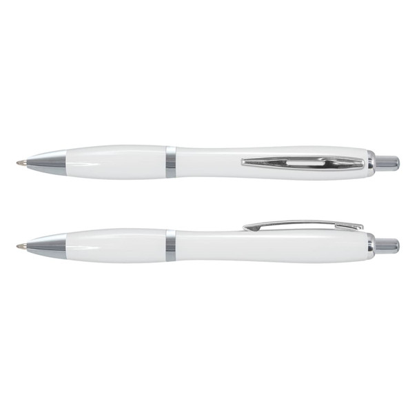 A pair of white plastic pens with chrome accents, featuring a sleek design and a smooth finish.