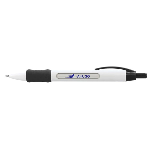 A plastic pen in white with a black grip and a logo on the barrel.