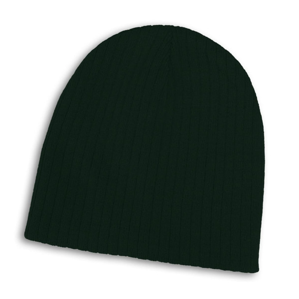 A black cable knit beanie with a ribbed texture and a simple design. It features a logo.