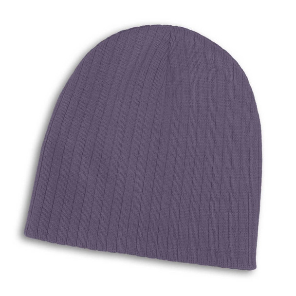 A purple cable knit beanie with a ribbed texture and a rounded top. It features a logo.