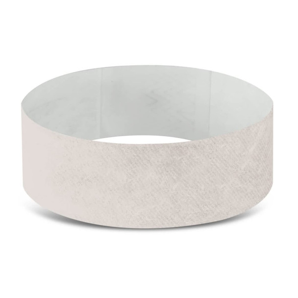 A white Tyvek event wristband with a textured appearance, featuring a smooth interior. It has a logo on it.
