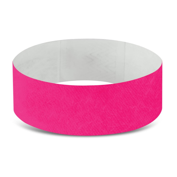 A pink Tyvek event wristband with a smooth surface and an inner lining, featuring branding.