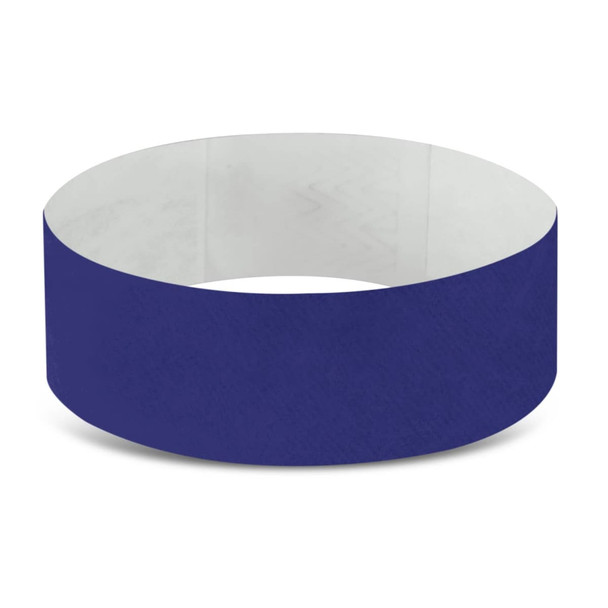 A blue Tyvek event wristband with a smooth, matte finish and a subtle pattern on the inner side.