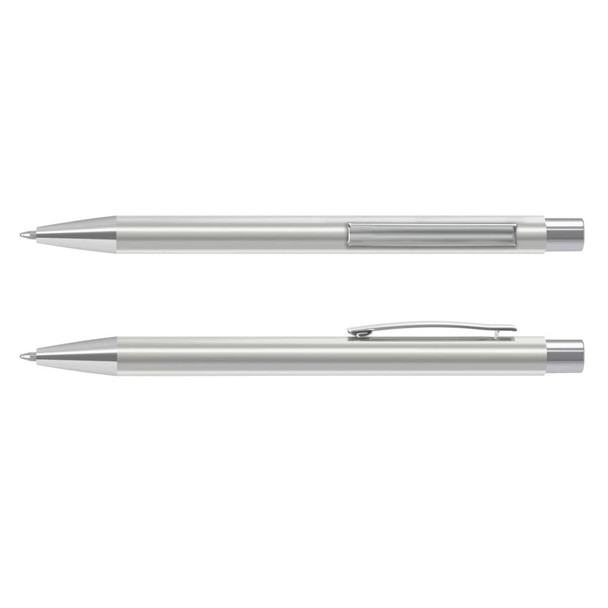A silver metal pen with a sleek design and a clip, featuring a transparent section on the barrel.